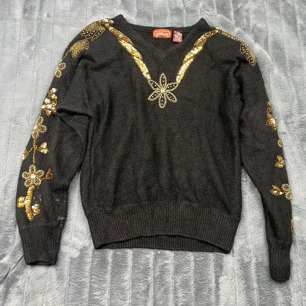 Worthington Vintage Silk Angora Sequin Beaded Floral V-Neck Sweater Black S